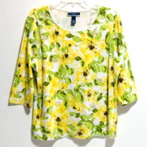 Karen Scott Woman Yellow & Green Floral Round Neck 3/4 Sleeve Top – Size: 1X